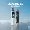 VOOPOO ARGUS G2 阿格斯 G2 電子煙主機形象主圖。展示珍珠白與磨砂黑雙機型，背景為藍天水面，強調 "GO SMOOTH" 順滑口感。螢幕清晰顯示 30W 輸出與 Gene AI 晶片介面。
