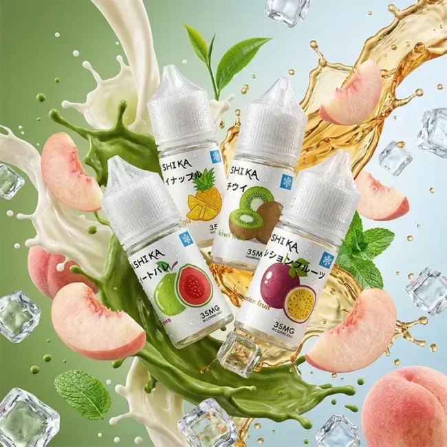 日本 Arashika 蓋亞煙油 - 35mg 京都茶道與 12 款果香系列 日本原裝 Arashika 蓋亞 30ml 尼古丁鹽煙油主圖,展示 35mg 高濃度京都茶道系列。畫面包含紅心芭樂、鳳梨、酸奇果與百香果口味瓶身,融合抹茶噴濺、新鮮白桃、薄荷葉與冰塊視覺,強調細膩茶香、柔和果韻與清新冰感的日系美學體驗