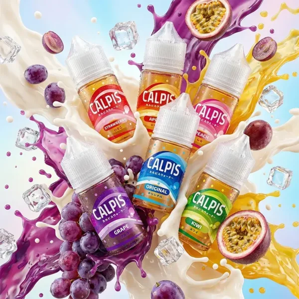 可爾必思 Calpis Show 30ml 尼古丁鹽煙油主圖，展示原味、百香果與葡萄 30mg 系列。畫面包含經典可爾必思乳酸飲料、飛濺的柔滑奶香煙霧與新鮮水果視覺，強調極致還原的酸甜乳酸菌風味與初戀滋味。適合小煙專用，新手友好且擊喉感滑順適中