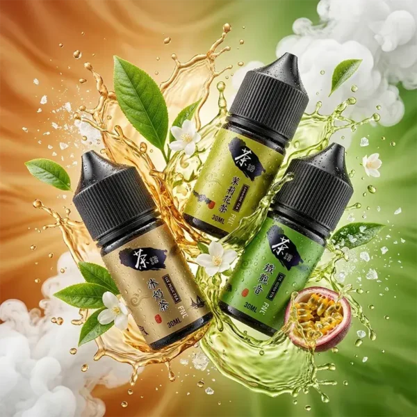 茶譜煙油 30ml 尼古丁鹽主圖，展示 50mg 高濃度微涼茶香系列。畫面包含冰奶茶、茉莉花茶與鐵觀音口味瓶身，環繞真實茶葉、冰塊、百香果、白花與茶湯飛濺的視覺效果，強調極致還原的純正茶飲口感與強烈解癮體驗。