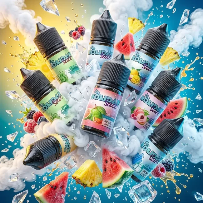 HOLIDAY SALT 假日鹽煙油 - 番石榴水果冰 30ml HOLIDAY SALT 假日鹽 尼古丁鹽煙油主圖。畫面展示多瓶 30ml 番石榴熱帶水果冰口味煙油,瓶身環繞飛濺的西瓜、菠蘿、覆盆子、檸檬與冰塊,強調小煙設備專用,清爽果香口感。