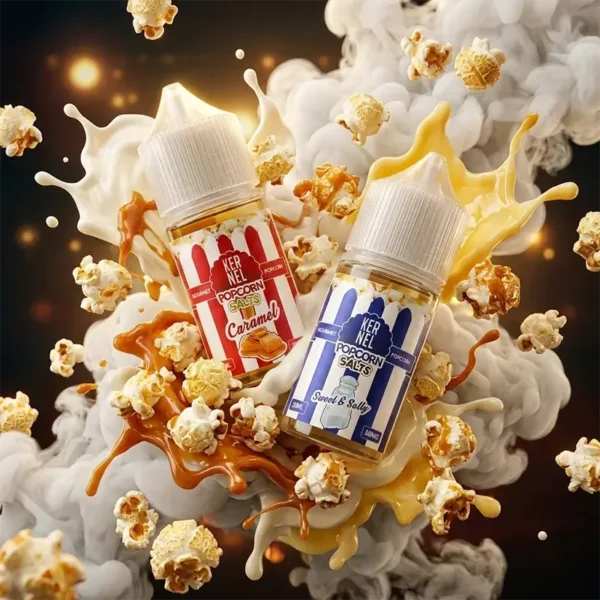 Kernel Popcorn 爆米花煙油 - 38mg 影院級焦糖奶油丁鹽 美國原裝 Kernel Popcorn 爆米花煙油 30ml 尼古丁鹽瓶身主圖,展示 38mg 焦糖奶油風味。畫面包含飛濺的濃郁焦糖奶油液體、真實爆米花、焦糖塊與絲滑奶油視覺,強調影院級神級風味還原與高 VG 綿密煙霧體驗,專為小煙設備打造,甜點系玩家懷舊口糧。內含尼古丁