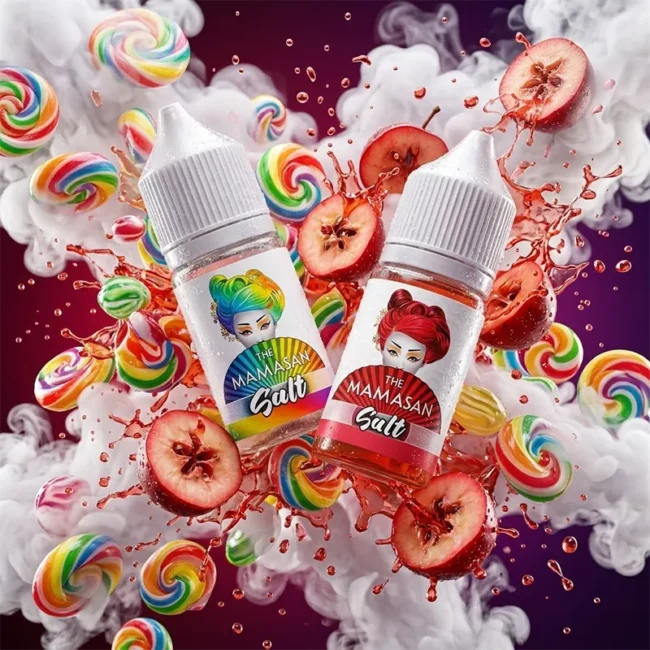 MAMASAN 媽媽桑煙油 - 40mg 彩虹糖山楂冰丁鹽 MAMASAN 媽媽桑 30ml 尼古丁鹽煙油主圖。畫面展示帶有女性頭像標誌的瓶身,環繞飛濺的繽紛彩虹糖果 (Skittles)、新鮮山楂果實、冰塊、薄荷葉與綿密的白色煙霧視覺。強調 2026 年進口煙油界黑馬的創新酸甜口感,搭配 40mg 高解癮丁鹽與丁鹽技術,帶來細膩絲滑且極具層次感的味蕾狂歡,專為小煙設備優化。