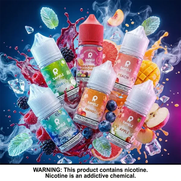 SAMELE 冰釀系列 - 美國原裝 30ml 極致冰感丁鹽 美國 SAMELE 冰釀煙油買五送一主圖,展示 30ml 尼古丁鹽多口味系列,包含芒果、藍莓、水蜜桃、番石榴等。瓶身環繞飛濺果汁、冰塊與薄荷葉,定義美式極致冰感。內含尼古丁