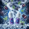 StarSign 12 星座主題煙油主圖，展示獅子座與巨蟹座專屬瓶身，0mg 零尼古丁水果口味，周圍環繞著藍莓、黑莓、冰塊與薄荷葉。適合小煙主機的無負擔煙油