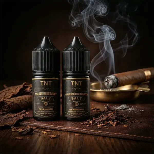 美國原裝進口 TNT 煙油 Tobacco Salts 主圖，並排展示 30ml 凍蓝莓 (Ice Blueberry) 與濃縮菸草 (Concentrated Tobacco) 尼古丁鹽口味，背景為新鮮煙葉與點燃的雪茄。小煙替菸首選。