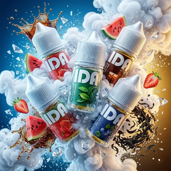 美國進口 Tugboat 拖船 IDA 專業級煙油主圖。畫面展示五款帶有巨大 IDA 標籤的煙油瓶，被飛濺的可樂液體、新鮮西瓜、草莓、藍莓、東方鐵觀音茶葉與晶瑩冰塊緊緊環繞。濃郁白霧穿插其中，完美呈現其冰可樂、草莓西瓜、藍莓寶珠與獨特鐵觀音等頂級調香風味，強調美國原裝的高品質與豐富層次。